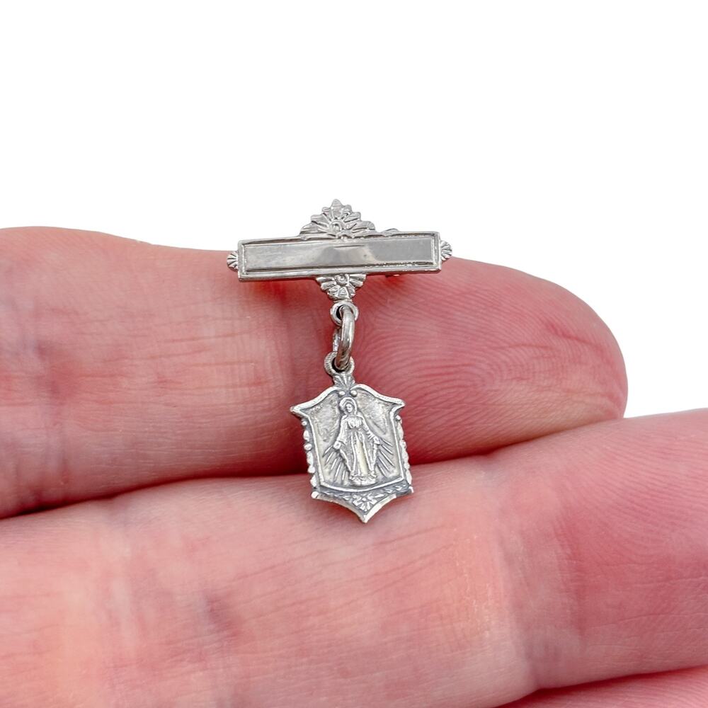 Vintage Sterling Silver 925 Miraculous Medal Bar Pin Brooch